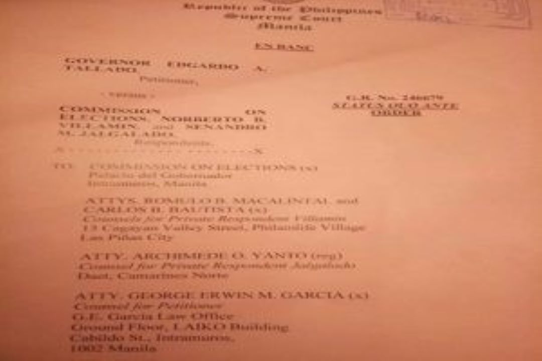 Korte Suprema Nagpalabas Ng Status Quo Ante Order Laban Sa Diskwalipikasyon Ng Kandidatura Ni Gobernador Edgardo Tallado!
